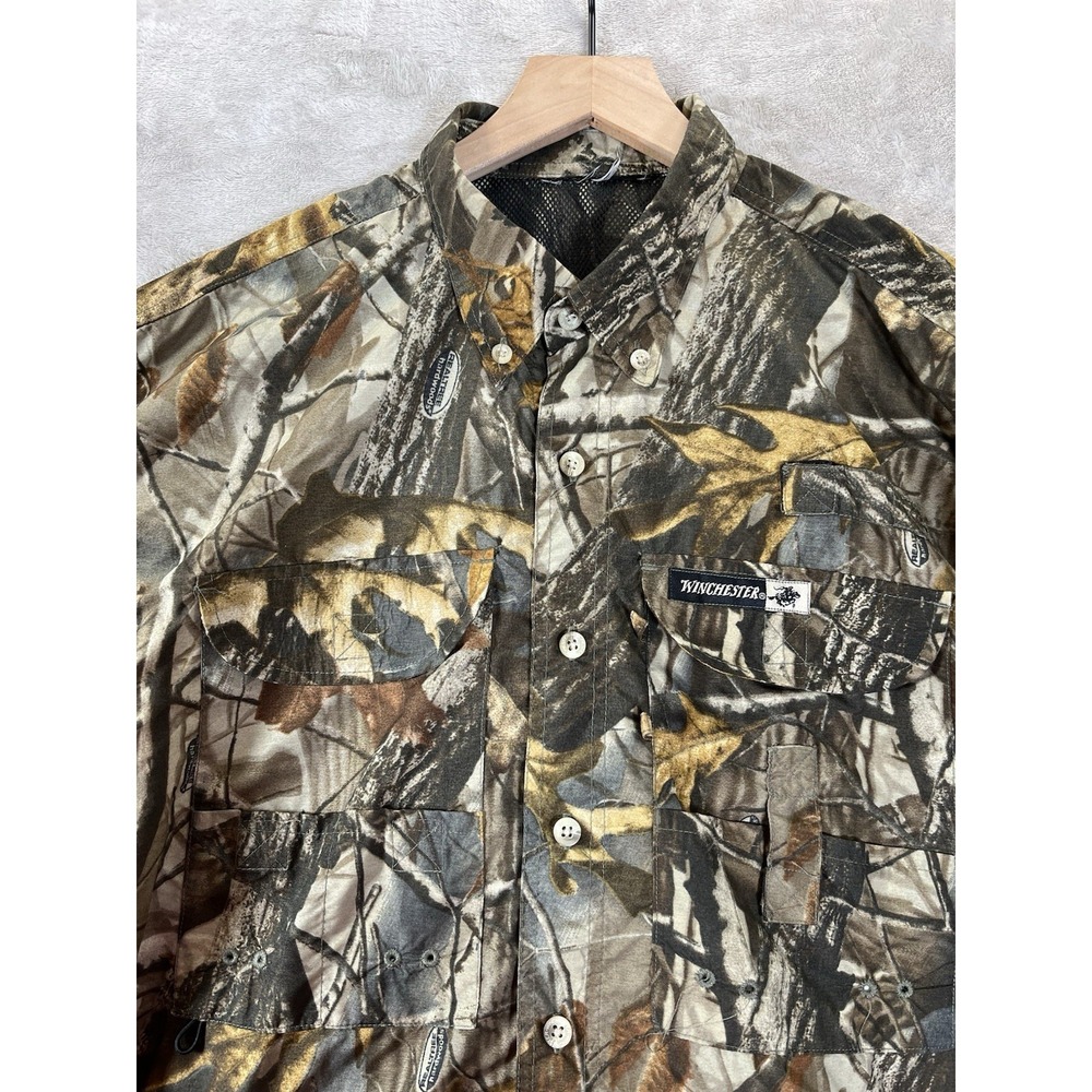 VTG Winchester Men Vented Nylon Hunting Camo Long Sleeve Button Up Shirt XL